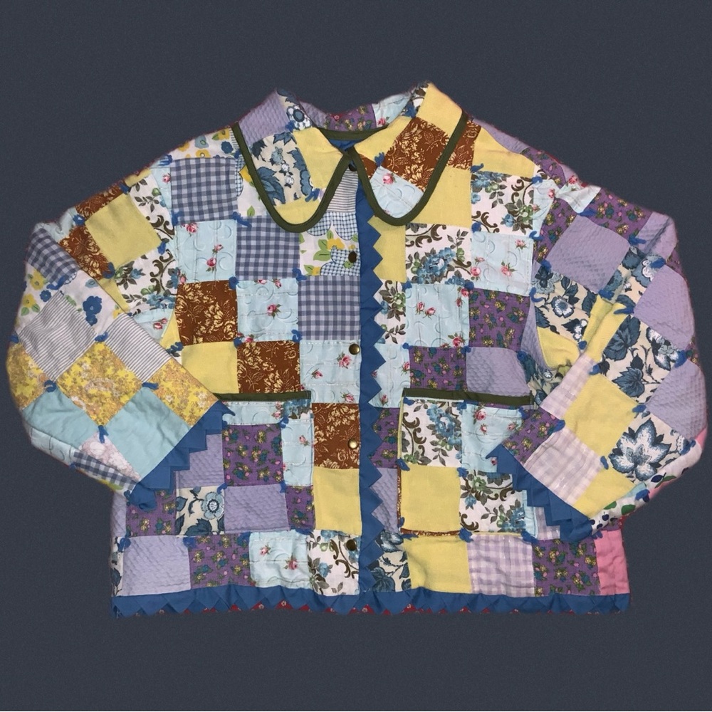 patchwork quilt coat handmade vintage quilted‎ jacket L/XL blue green pink